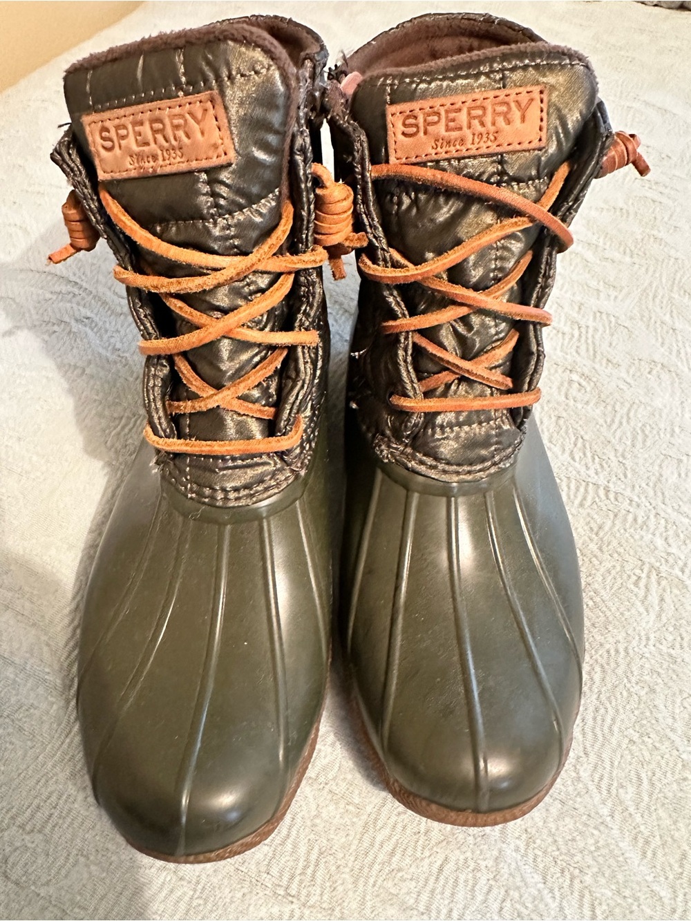 Sperry Women's Olive Rain Duck Boots with Brown Trim